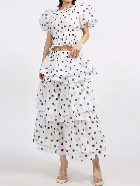 Polka Dot Puff Sleeve Top and Skirt Set