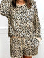 Leopard Print Contrast Trim Long Sleeve Pullover and Drawstring Shorts 2pcs Outfit