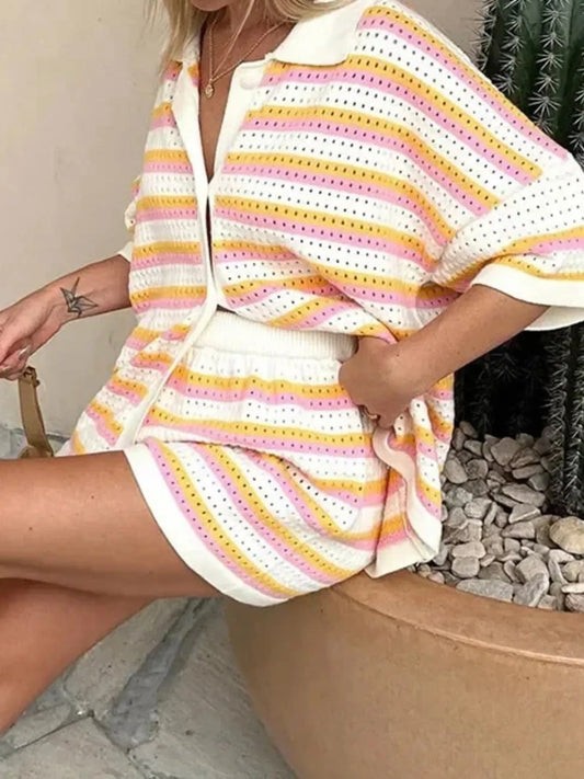 Striped Eyelet Button Up Shirt and Shorts Set