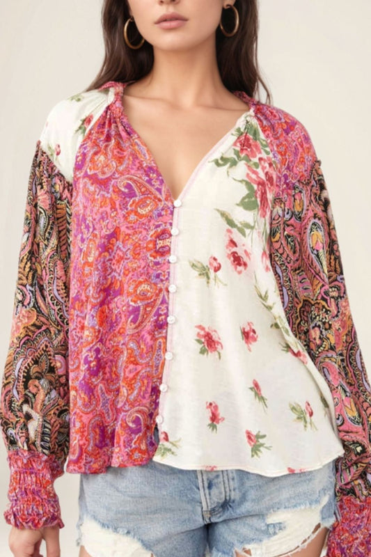 Frill Floral Shirred Cuff Long Sleeve Blouse