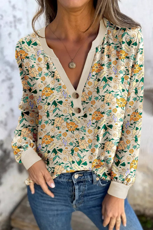 Floral Print Notched Long Sleeve Blouse