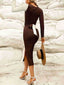 Two Tone Slit Round Neck Long Sleeve Midi Dress