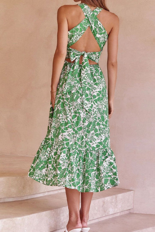 Floral Crisscross Tie Back Midi Dress