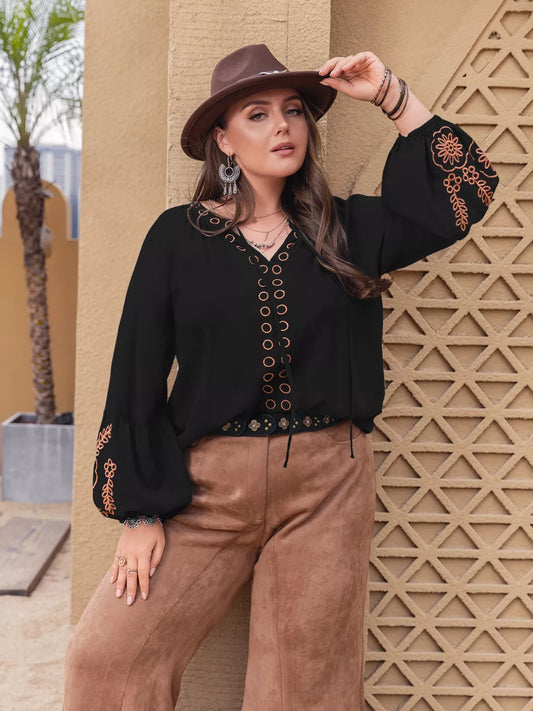 Plus Size Boho Embroidered Long Sleeve Blouse