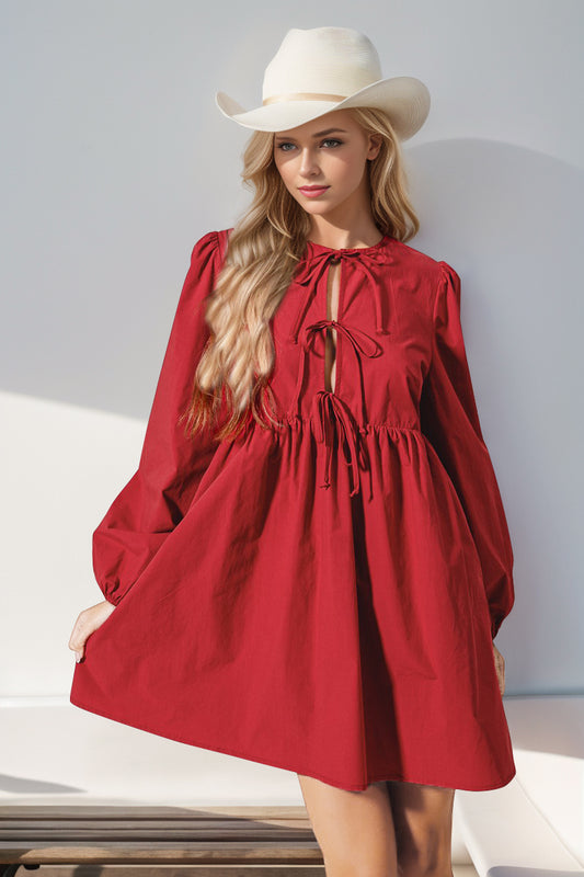 Double Take Christmas Front Tied Long Sleeve Mini Dress