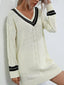 V-Neck Striped Trim Cable Knit Sweater Dress