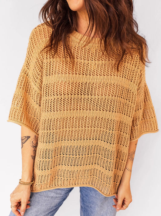 Hollow out Openwork Knit 3/4 Sleeve Sweater