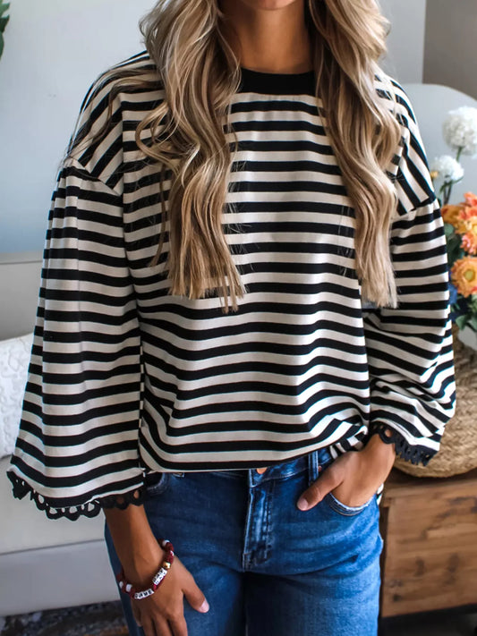 Striped Round Neck Bell Sleeve Top