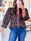 Contrast V Neckline Bracelet Sleeve Vintage Floral Blouse
