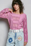 POL Round Neck Long Sleeve Exposed Seam Top with Lace Detail