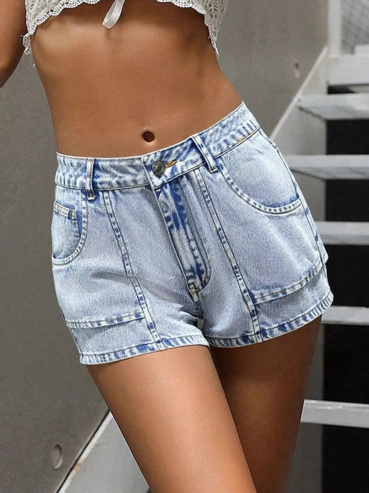 High-Waisted Wash Denim Shorts