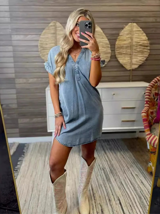 Full Size V-Neck Short Sleeve Denim Dress Plus Size