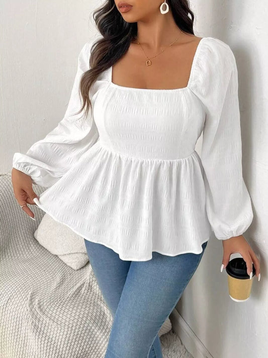 Plus Size Square Neck Long Sleeve Peplum Blouse