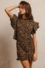 BiBi Leopard Print Waffle Texture Layered Ruffle Sleeve Top and Shorts Set