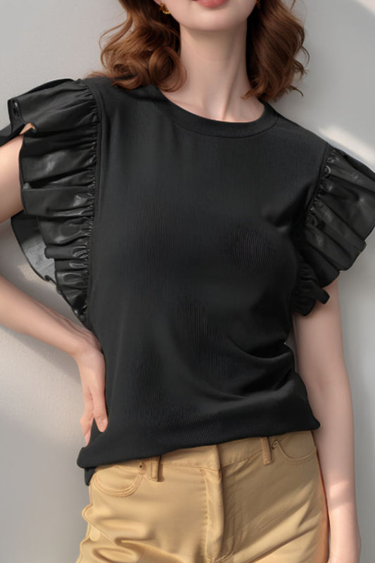 Ruffled Round Neck Cap Sleeve Blouse