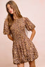 BiBi Leopard Bow Tie Attachable Puff Sleeves Dress