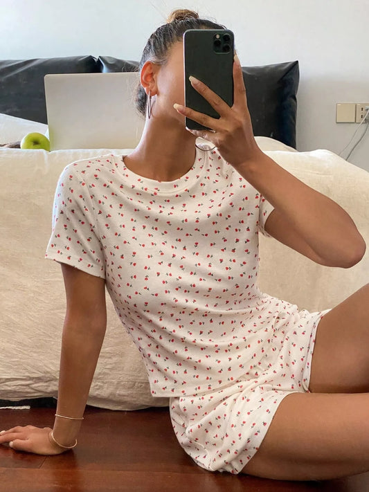 Floral Round Neck Top and Shorts Lounge Set