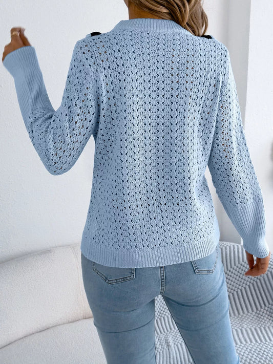 Hollow-Out Knit Top with Contrast Trim