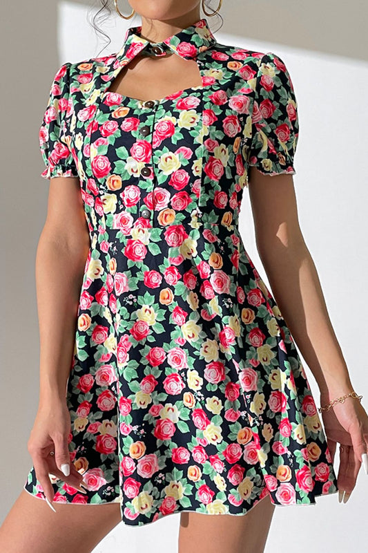 Floral Buttoned Cutout Puff Sleeve Dress