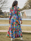 Printed Smocked Tie Neck Balloon Sleeve Maxi Dress