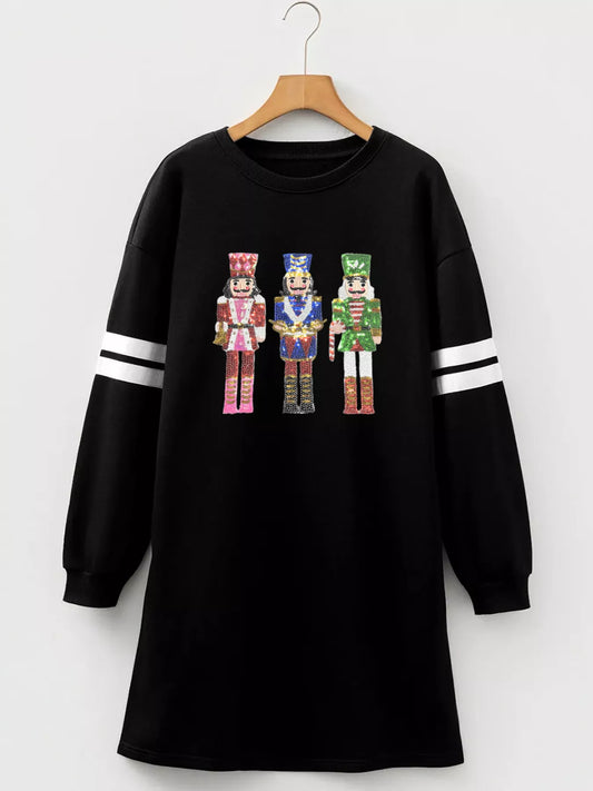 Christmas Sequin Nutcracker-man Graphic Varsity Striped Sleeve Sweatshirt Dress