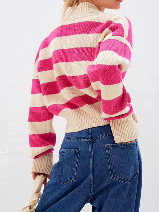 Striped Button Down Drop Shoulder Cardigan