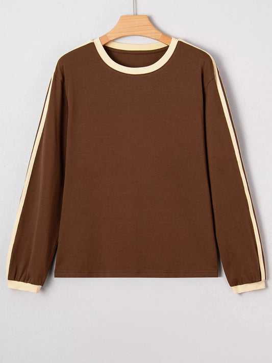 Striped Accent Contrast Crew Neck Long Sleeve T Shirt