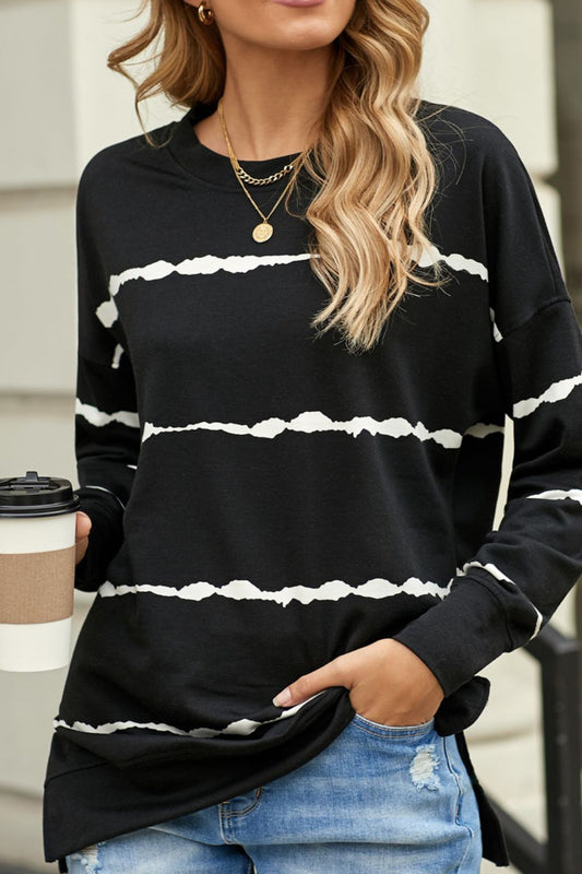 Slit Contrast Striped Round Neck Long Sleeve T-Shirt