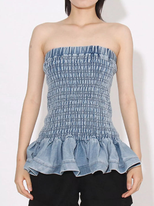 Smocked Ruffled Hem Denim Tube Top