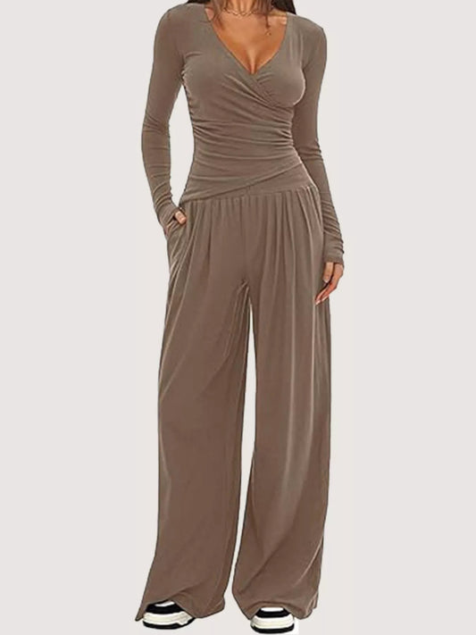 Casual Long Sleeve Top and Wide Leg Pants Set