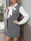 Houndstooth Print Tie Neck Long Sleeve Mini Dress