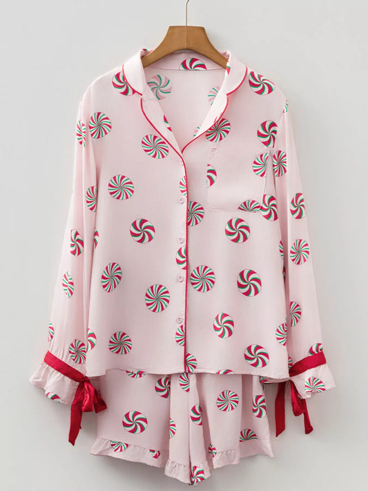 Christmas Candy Contrast Trim Bow Knot Top and Shorts 2pcs Pajama Set