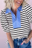 Striped Puff Sleeve Blouse with Contrast Collar