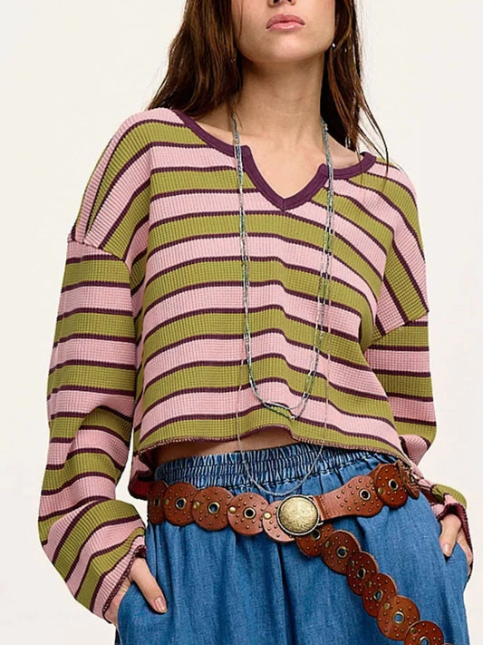 Stripes Waffle Texture Notched Neck Long Sleeve Top