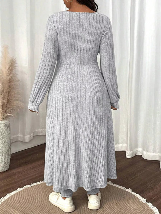 Plus Size Ribbed Knit Long Sleeve Split Dress & Leggings Set