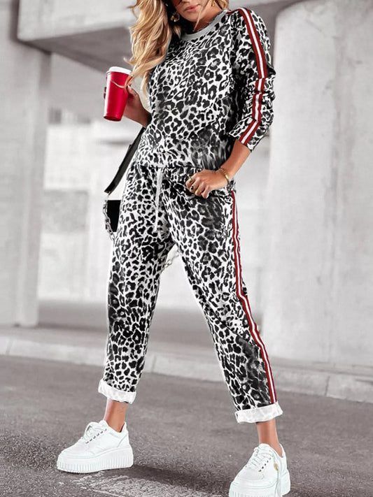 Plus Size Leopard Print Long Sleeve Top and Pants Set
