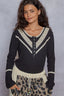 POL Ribbed Half Button Lace Detail Knit Top