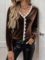 Lace Trim V-Neck Velvet Blouse