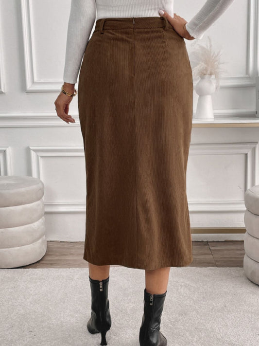 Perfee Slit Midi Skirt with Pockets