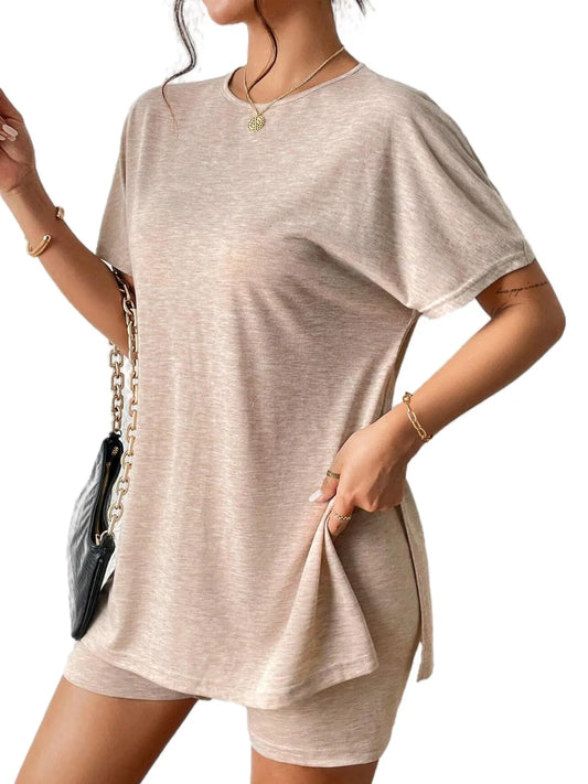 Slit Round Neck Short Sleeve Oversized Top and Shorts Set