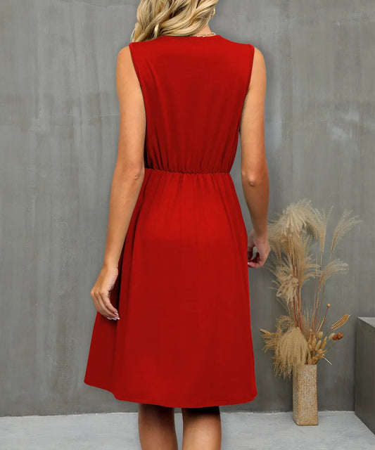 V-Neck Sleeveless Midi Dress with Lace Trim