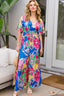 ODDI Full Size Floral Smocked Tied Back Jumpsuit