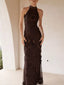 Floral Applique Halter Neck Maxi Dress