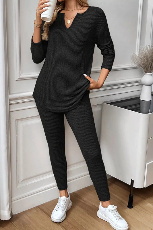 Notched Long Sleeve Top and Pants Set