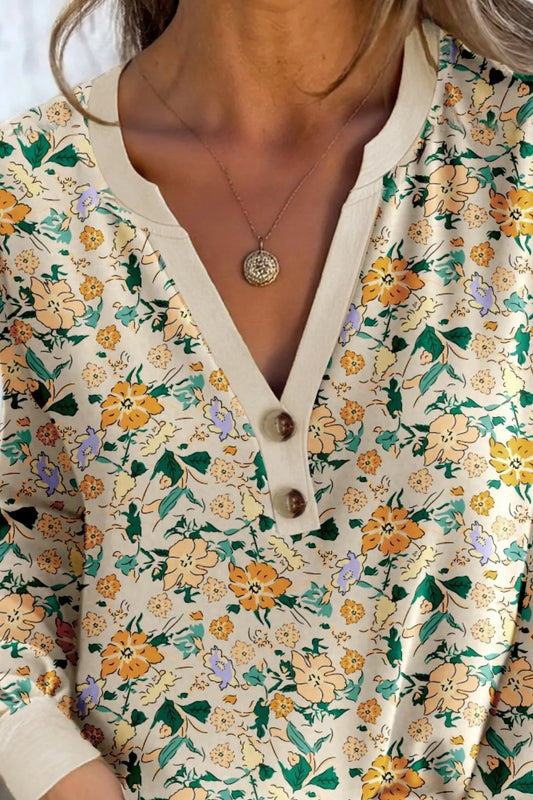 Floral Print Notched Long Sleeve Blouse