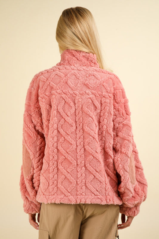 VERY J Fuzzy Fleece Half Zip Cable Pattern Sweatshirt