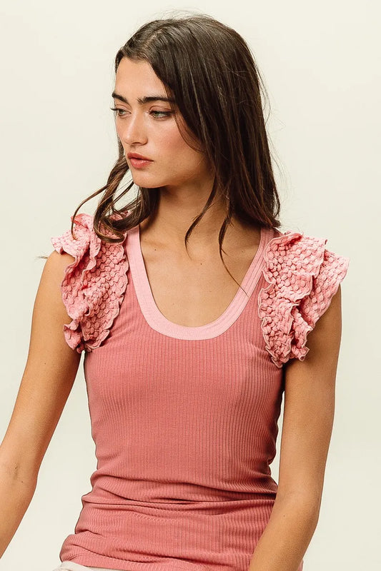 BiBi Rib Knit With Textured Ruffled Top