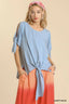 Umgee Cold Shoulder Short Sleeve Round Neck Top with Side Slits and Tie-able Knot Details