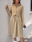 Perfee Fake Two Piece Collared Neck Long Sleeve Midi Dress