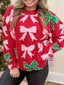 Bow Pearl Embellished Christmas Holiday Sweater
